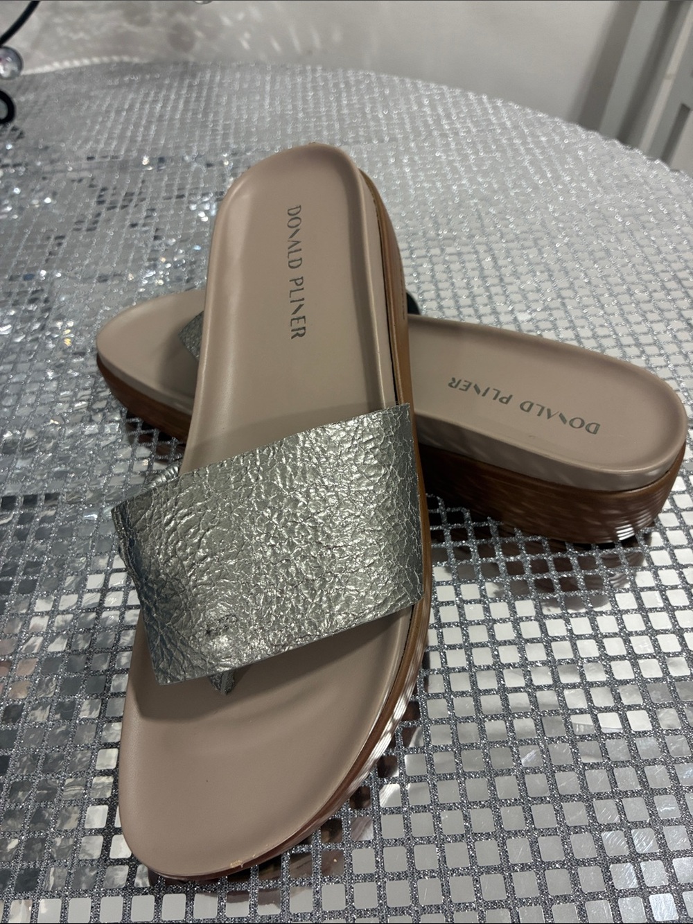 Donald J. Pliner Silver Metallic Slide Sandals with Taupe Footbed